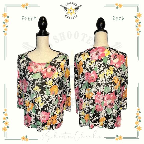 Lauren Ralph Lauren Petite Small Floral Linen Knit Top Shirt 3/4 Sleeves Floral - Picture 1 of 6
